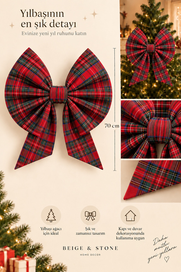 Plaid Patterned Medium Fabric Christmas Bow 70 cm – Christmas Tree Door and Wall Decorative Ornament