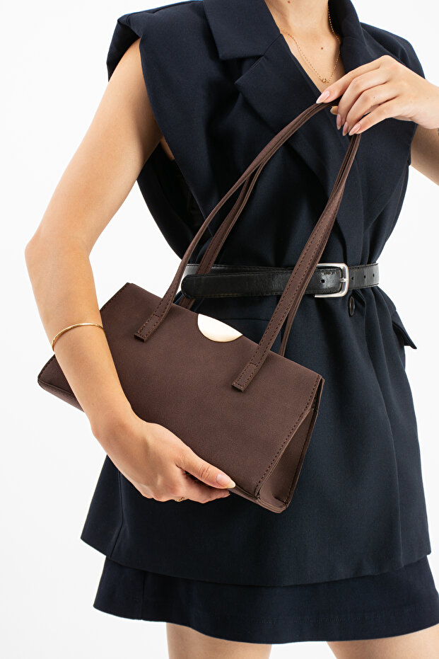 Brown Suede Women's Baguette Shoulder Bag with Large Internal Volume and Zippered Compartment, Daily Handbag