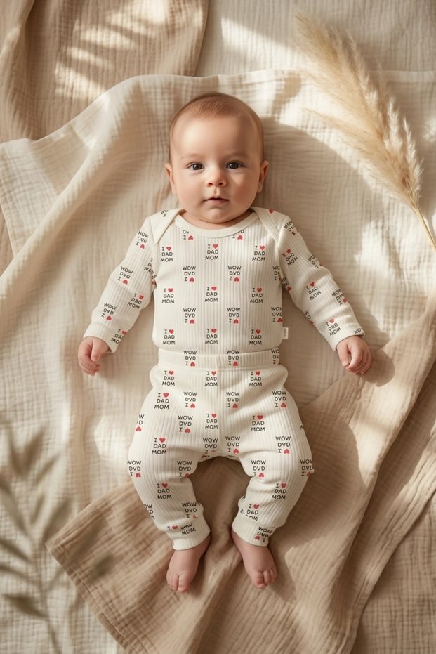 Red Mam Dad Patterned 100% Double Cotton Baby Boy Set 3-9 Months
