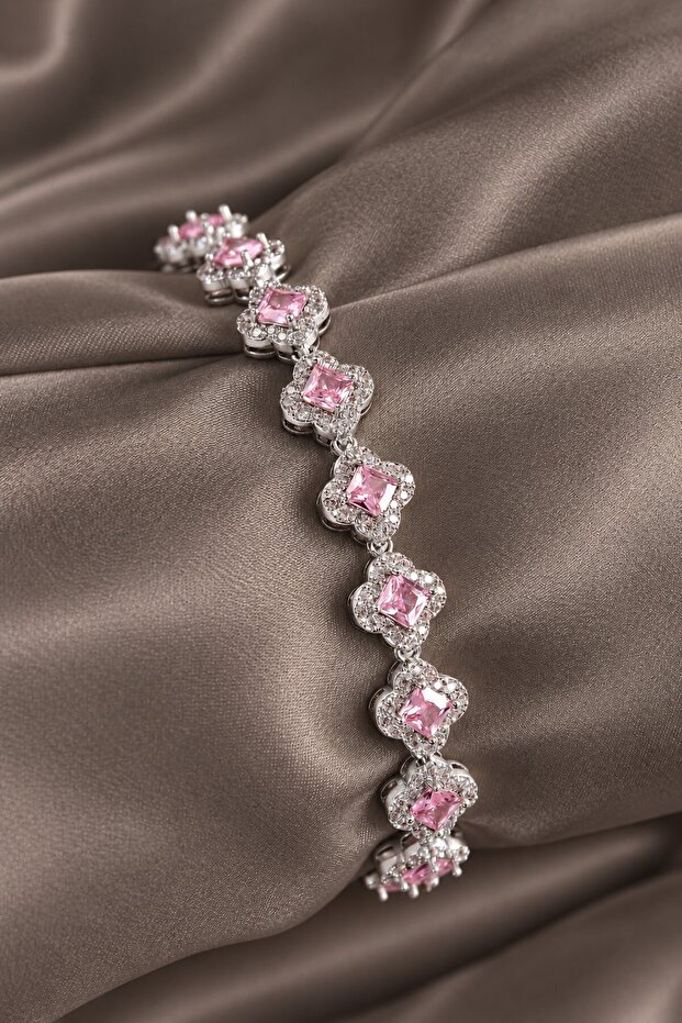 Brass Zircon Stone Pink Clover Baguette Model Silver Color Vip Series Women's Bracelet