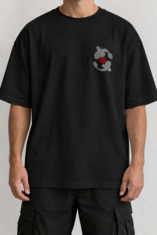 Koi Fish Minimal Front Print T-Shirt Black Oversize