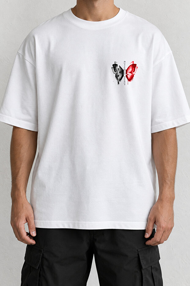 Butterfly Effect Butterfly Minimal Front Printed T-Shirt White Oversize
