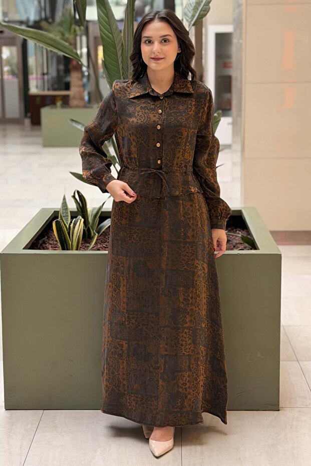 Shirt Collar Five-Button Waist Tie Jacquard Dress