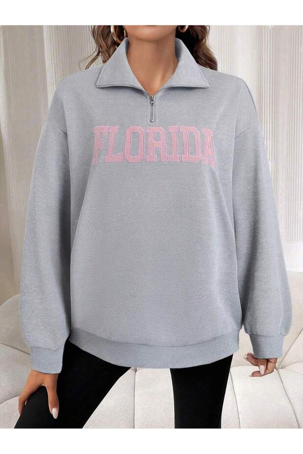 3 Thread Gray Florida Lettered Half-Zip Sweatshirt - Printed Oversized Stand Collar