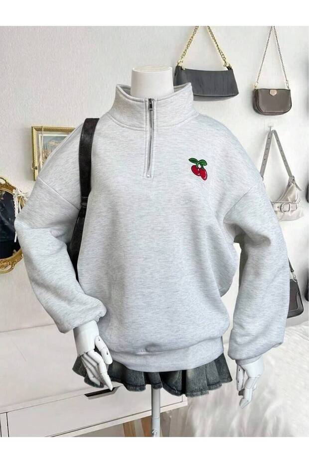 3 Thread Gray Cherry Pattern Half-Zip Sweatshirt - Printed Oversize Stand Collar
