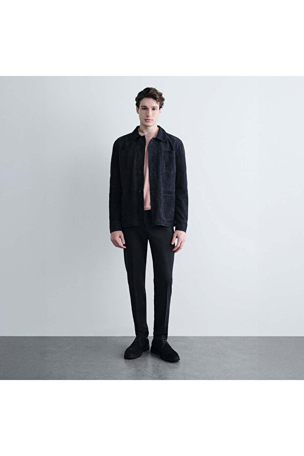 Men's Navy Blue Shirt Collar Sporty Stitched Buttoned Suede Jacket