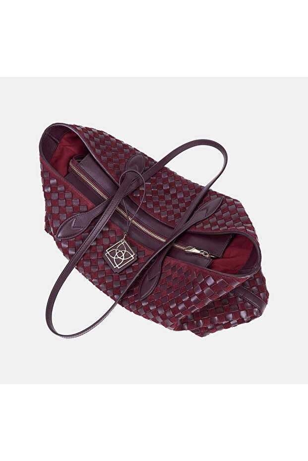 Unisex Burgundy Hand Knitted Suede Leather Shopper Bag