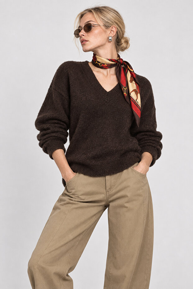 V-Neck Oversize Knitwear Sweater Lki̇0061 Brown
