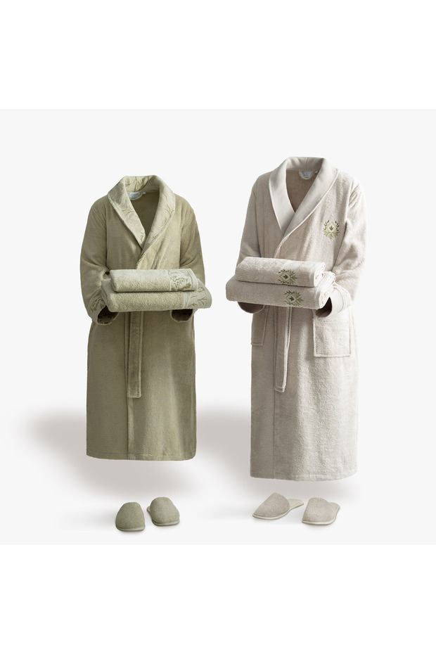 Florissa Family Bathrobe Set 10 Pieces 100% Cotton Embroidered Light Green-Beige