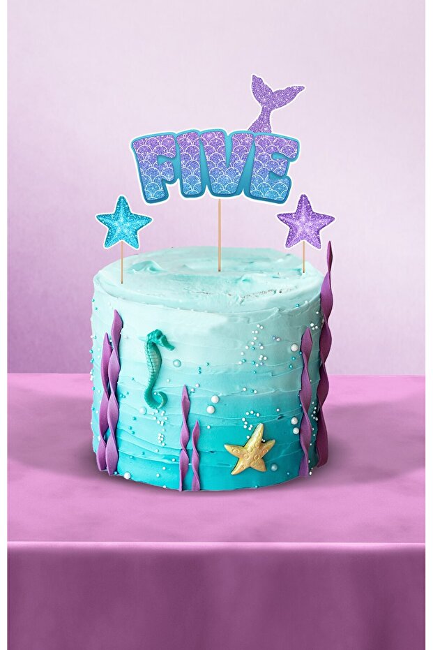 Mermaid Themed 5 Year Old Cake Decoration - Birthday Decoration - 3-Piece Cake Decoration