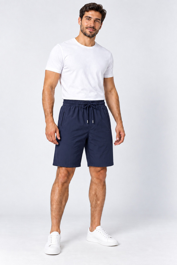 Parachute Fabric Navy Blue Shorts with Zipper Back Pocket and Elastic Waist