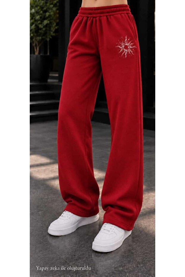 Women's Black Sun Figure Printed Sweatpants - Loose Fit Comfortable Cut Two-Thread Sports Trousers