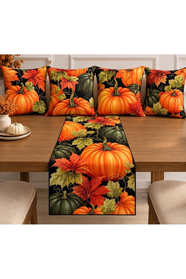 Autumn, Fall Themed Suede Fabric 5-Piece Combination Throw Pillow Cover and Runner