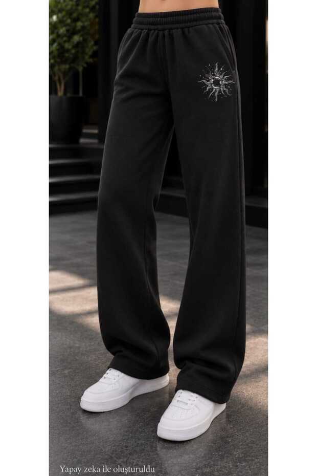 Women's Black Sun Figure Printed Sweatpants - Loose Fit Comfortable Cut Two-Thread Sports Trousers