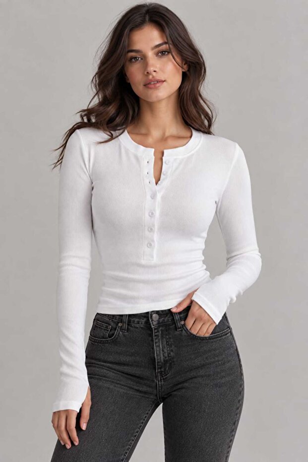 Women's White Ribbed Buttoned Long Sleeve Slim Fit Blouse Round Neck