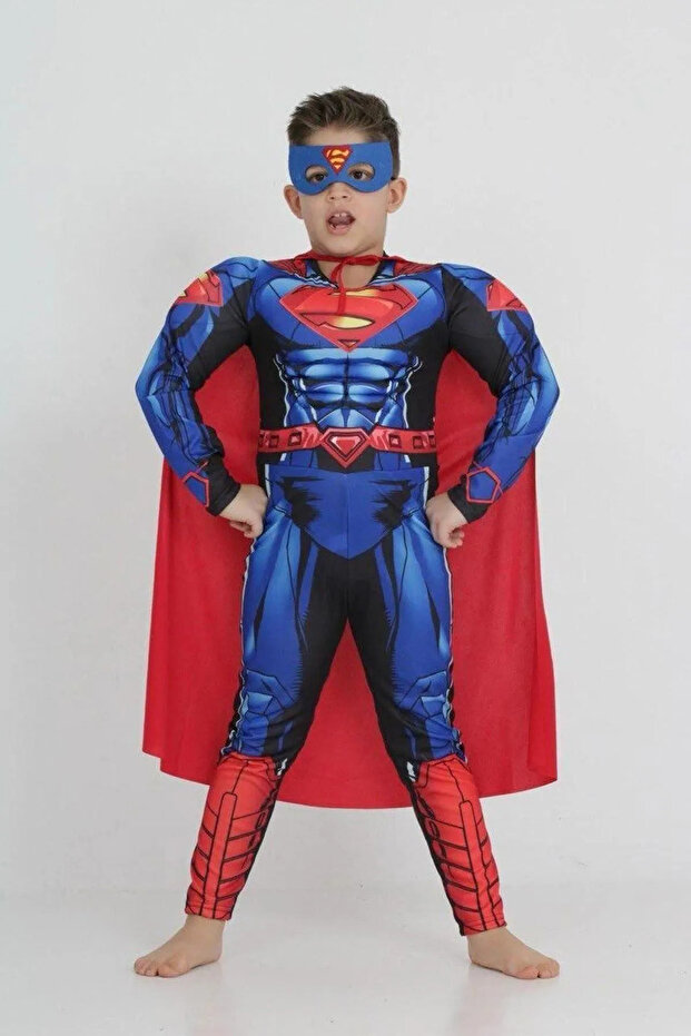 Sprmn Muscular Boy Costume with Cape and Mask - Blue