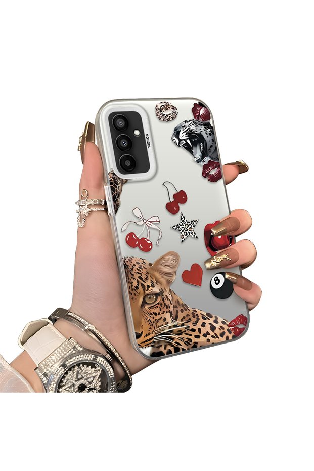 Samsung Galaxy F23 Compatible Leopard Pattern Cheetah Red Lip Cherry Mix Phone Case