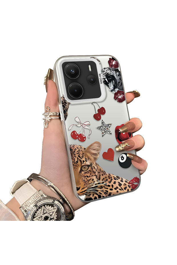 Redmi Note 14 4g Compatible Leopard Pattern Cheetah Red Lip Cherry Mix Phone Case