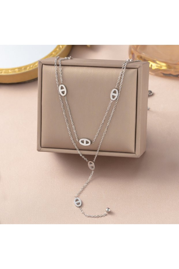 B Premium Stainless Steel Long Necklace Trendy Pig Nose Style Y Shape Drop Pendant Waterproof Neckla