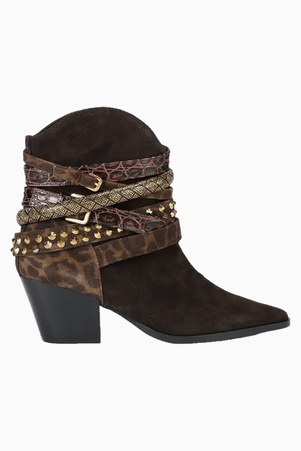 Multi Strap Western Suede Boots Dark Brown 7 cm