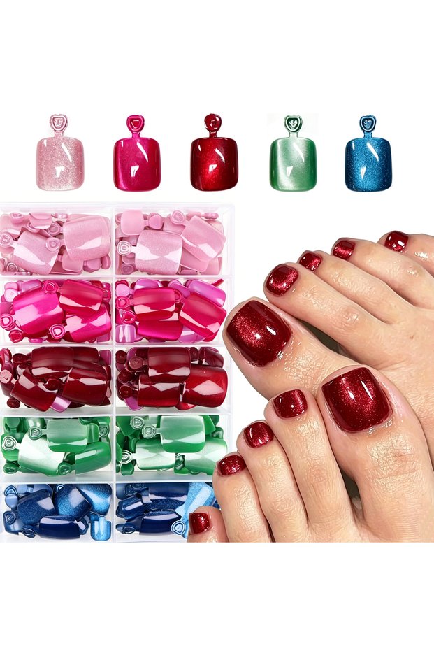 MULTI Box Packed Vibrant Cat Eye Glitter Toe Nail Tips Short Square Half Cover Pre-finished Solid Co