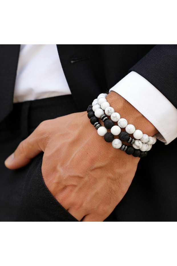 19.5cm(7.7inch) White Howlite 3Pcs/Set Men Natural Tiger Eye Lava Rock Beaded Bracelets Matte Black