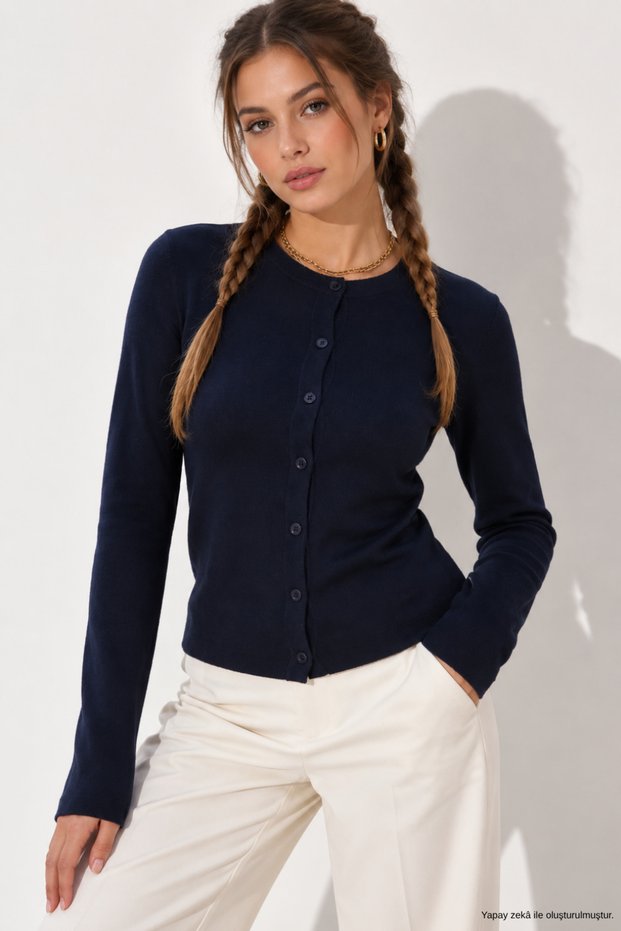 Women's Navy Blue Cotton Body-Hugging Buttoned Basic Cardigan Blouse