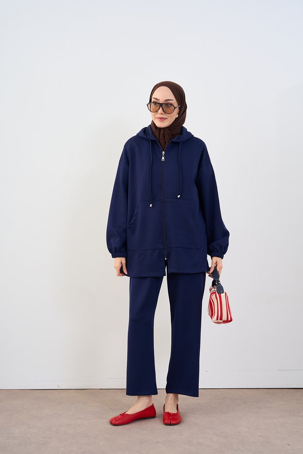 Women's Hooded Zipper Suit Navy Blue
