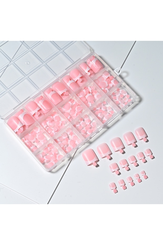 4 150Pcs Pink White French Press On Toenails 15-Sizes Short Square Fake Toe Nails White Edge Design