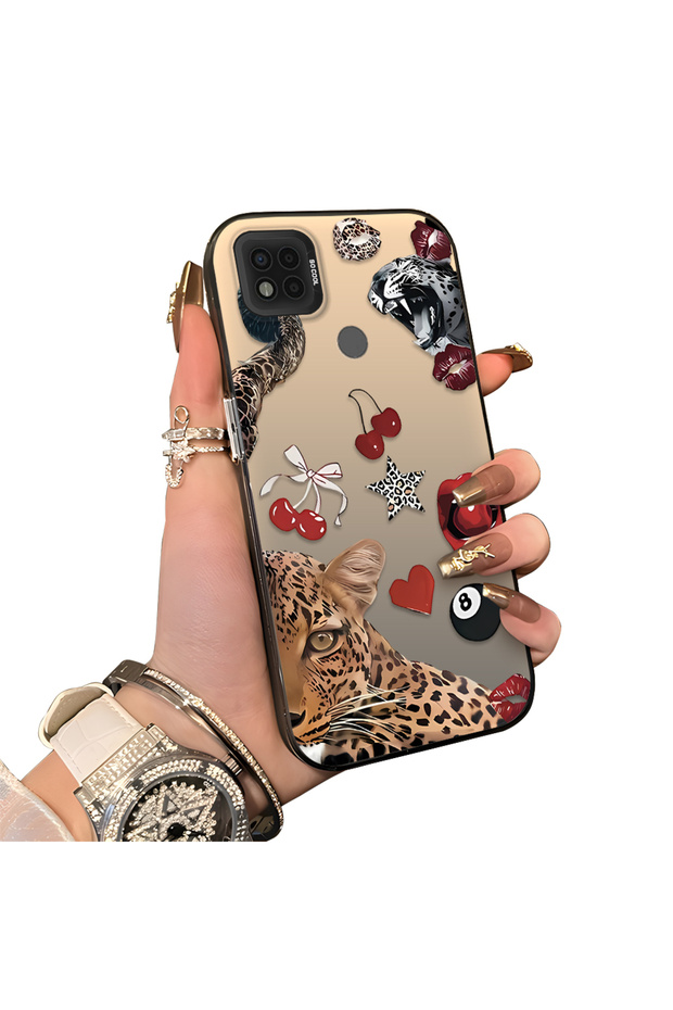 Poco C31 Compatible Leopard Pattern Cheetah Red Lip Cherry Mix Phone Case