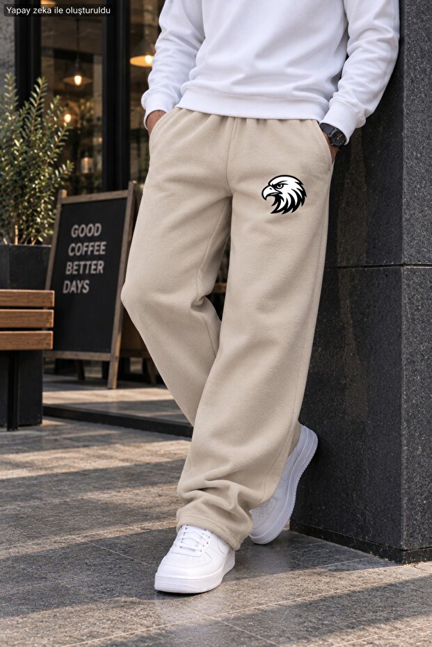 Men's White Eagle Head Figure Printed Casual Sweatpants - Loose Fit Comfortable Cut Two-Thread Sports Trousers