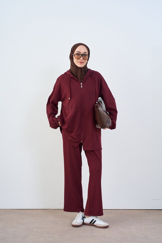 Women's Hooded Zipper Suit Claret Red