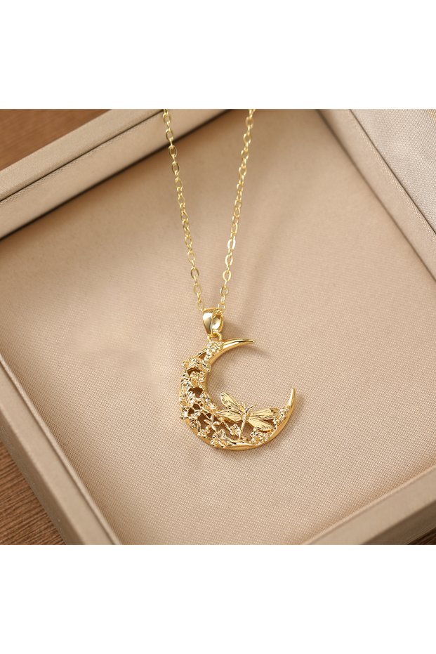 Gold-color Retro Luxurious Moon Butterfly Necklace - Made of Copper - Women's Jewelry Necklace for F
