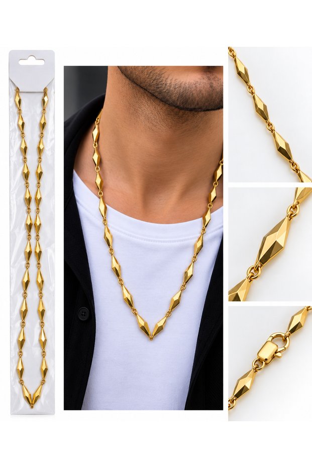 Men's Baklava Model Chain Necklace Gold Color Stainless Steel Geometric Necklace