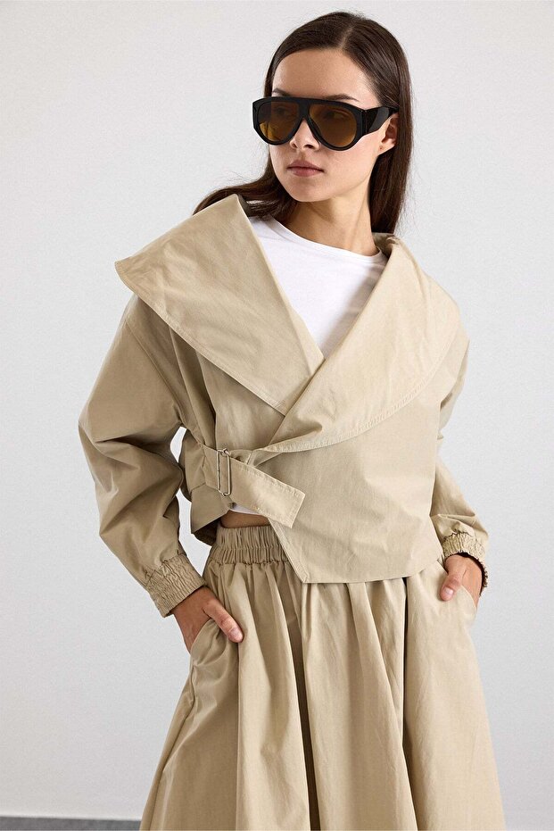Shawl Collar Side Buckle Crop Jacket Beige 8294