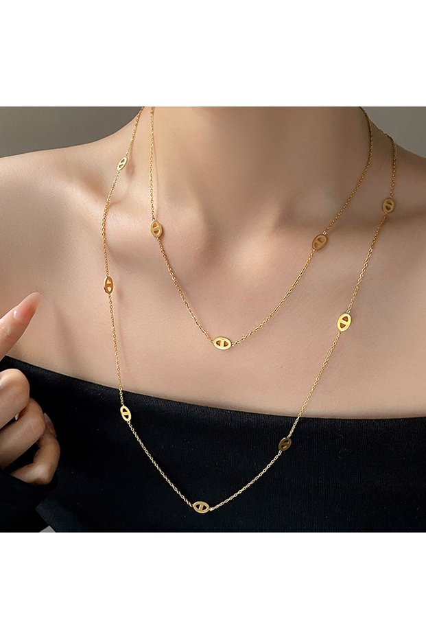 D Premium Stainless Steel Long Necklace Trendy Pig Nose Style Y Shape Drop Pendant Waterproof Neckla