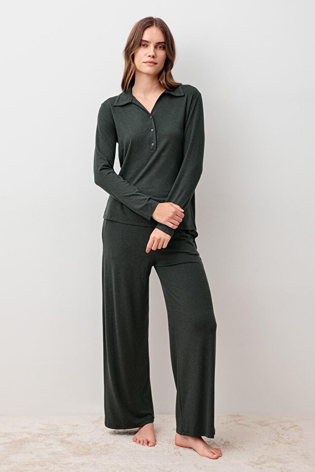 Long Sleeve Buttoned Soft Textured Flexible Viscose Pajama Set