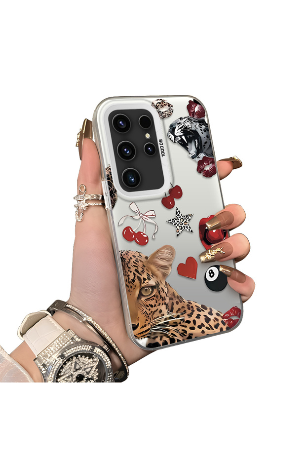 Samsung Galaxy S23 Ultra Compatible Leopard Pattern Cheetah Red Lip Cherry Mix Phone Case