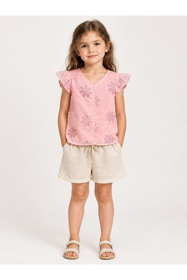 Girl's Pink Floral Guipure Detailed Blouse and Cream Shorts Set – Ages 4-5