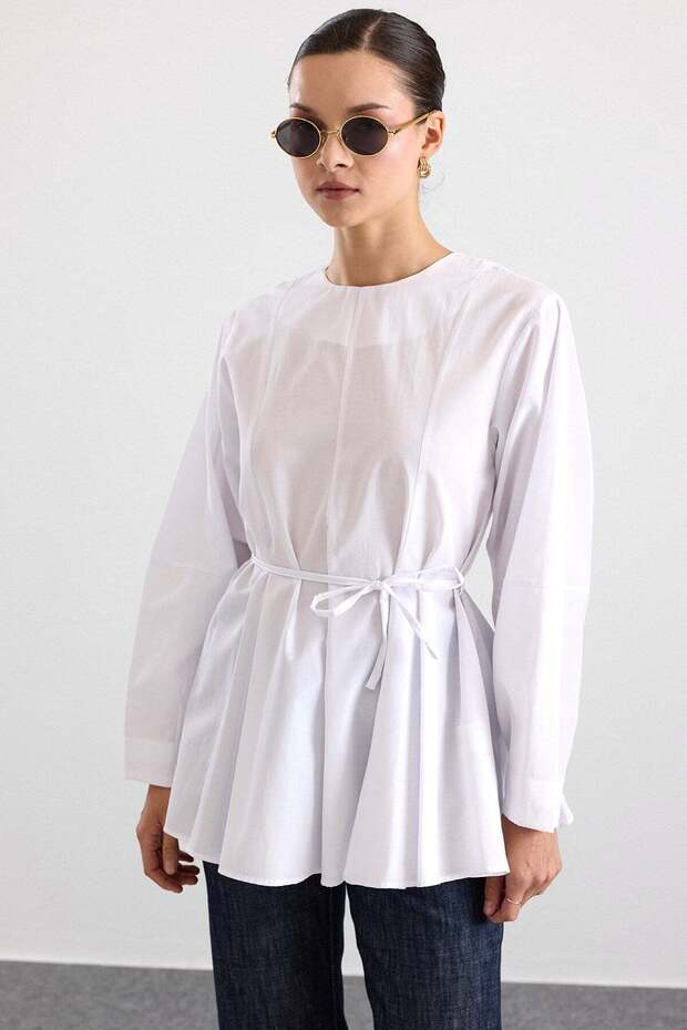 Flywheel Detailed Belted Blouse White 9836