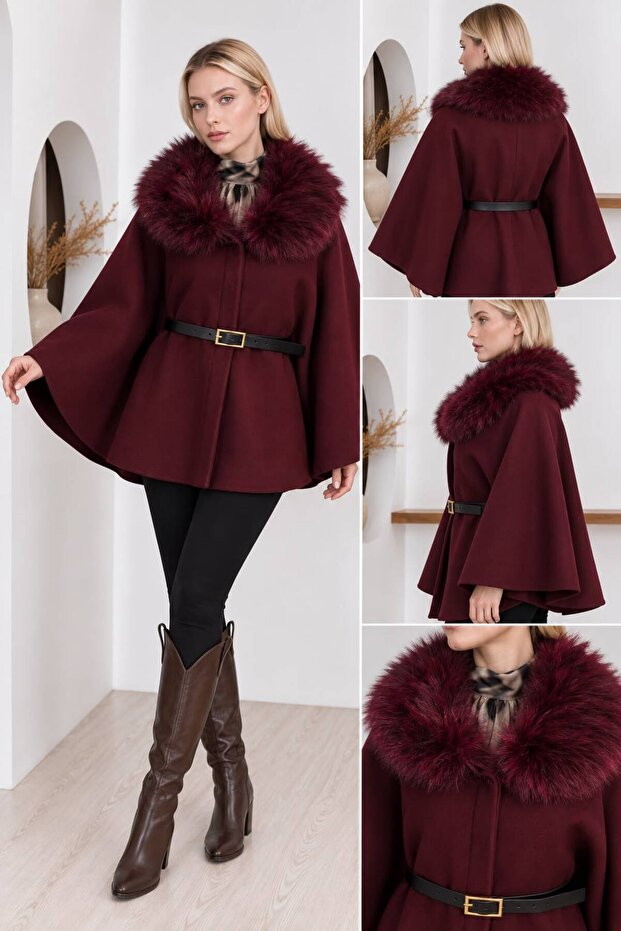 Fur Collar Belted Cashmere Poncho
