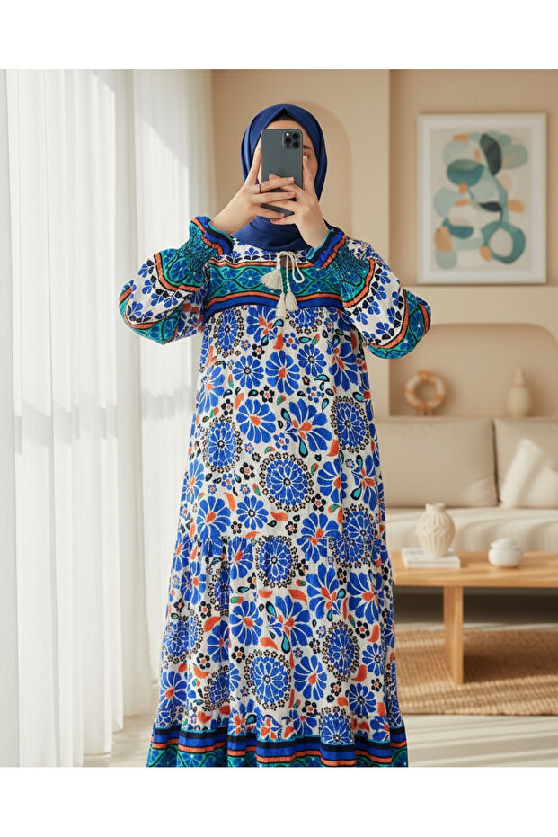 Women's Cobalt Blue Patterned Long Viscose Dress 1947