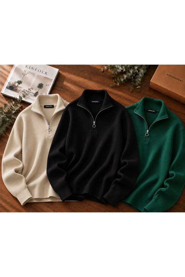 Advantageous 3-Piece Set Beige Brown Black Men's Casual Half-Zip Winter Knitwear Thessaloniki Sweater