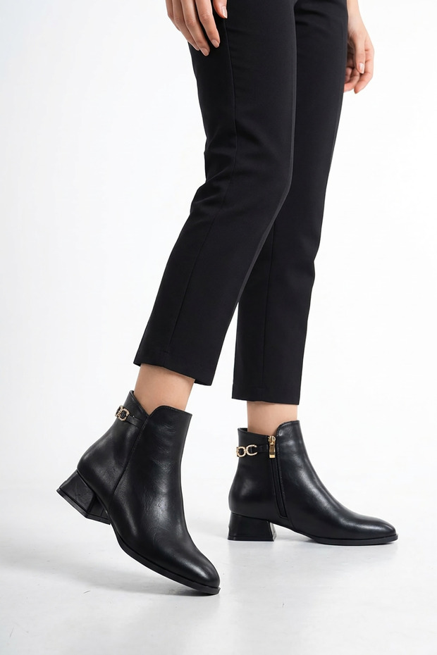 Ramse Low Heel Women's Heeled Boots with Stone Buckle on the Back, Black Leather