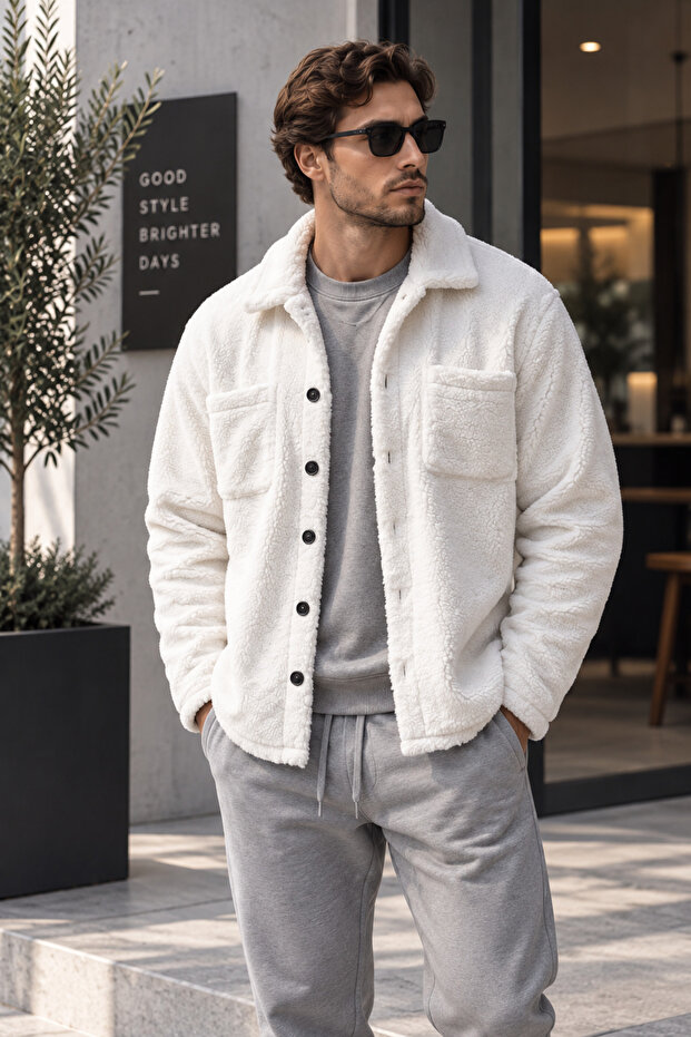 Men's Plush Oversize Comfortable Fit Pocketed Buttoned Jacket