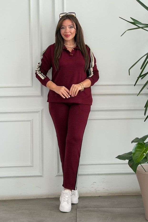 Polo Collar Glittering Stripe Detailed Tracksuit Set