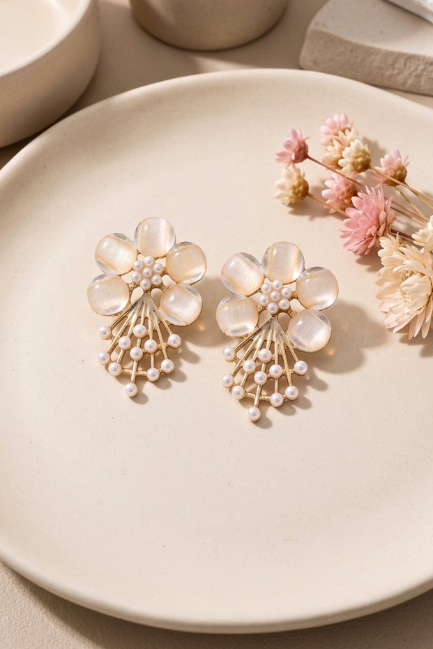 Stylish Design Women's Earrings with Pearl Detail and Flower Figures
