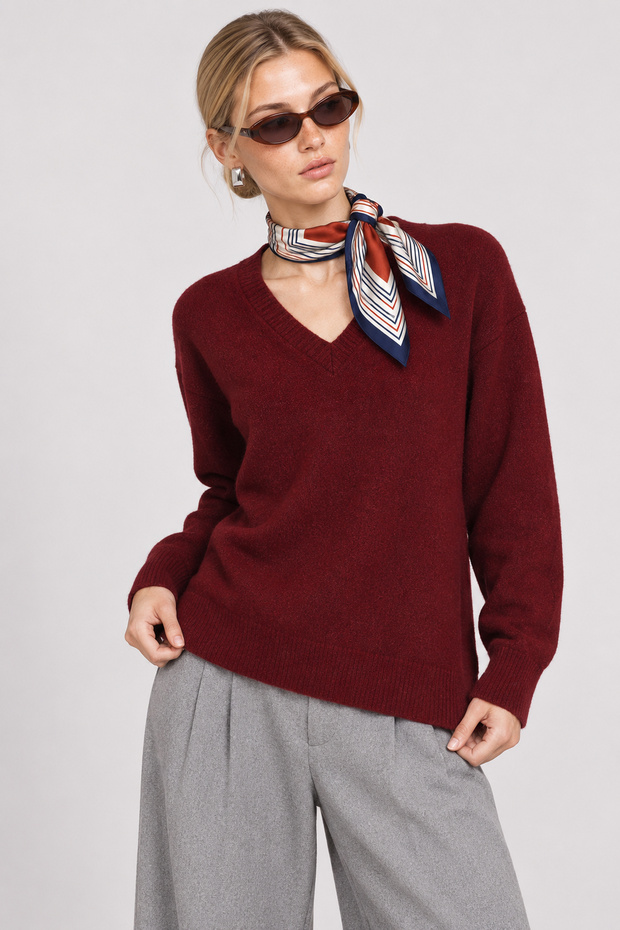 V-Neck Oversize Knitwear Sweater Lki̇0061 Bordo