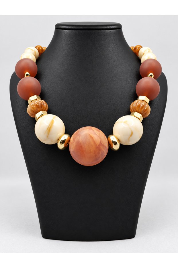 Women's Warm Earth Tones, Large Beaded Statement Necklace - Big Globe Design Necklace with Gold Color Apparatus