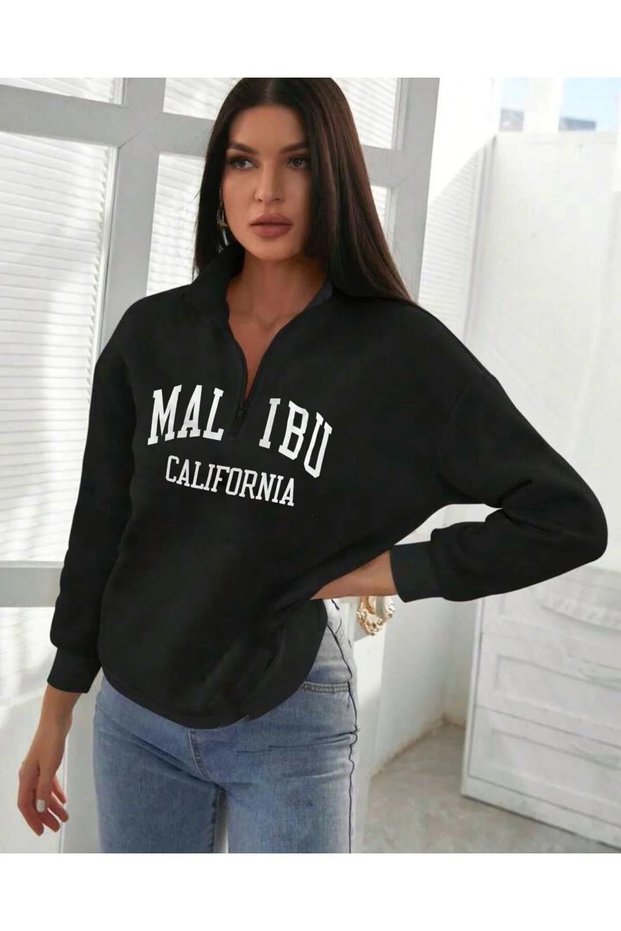 Unisex Black Malibu Printed Half Zipper Stand Collar Printed Premium Oversize T-Shirt